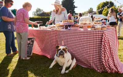 Community outdoor event with families, pets, and a dessert table at Luv My Sitter.
